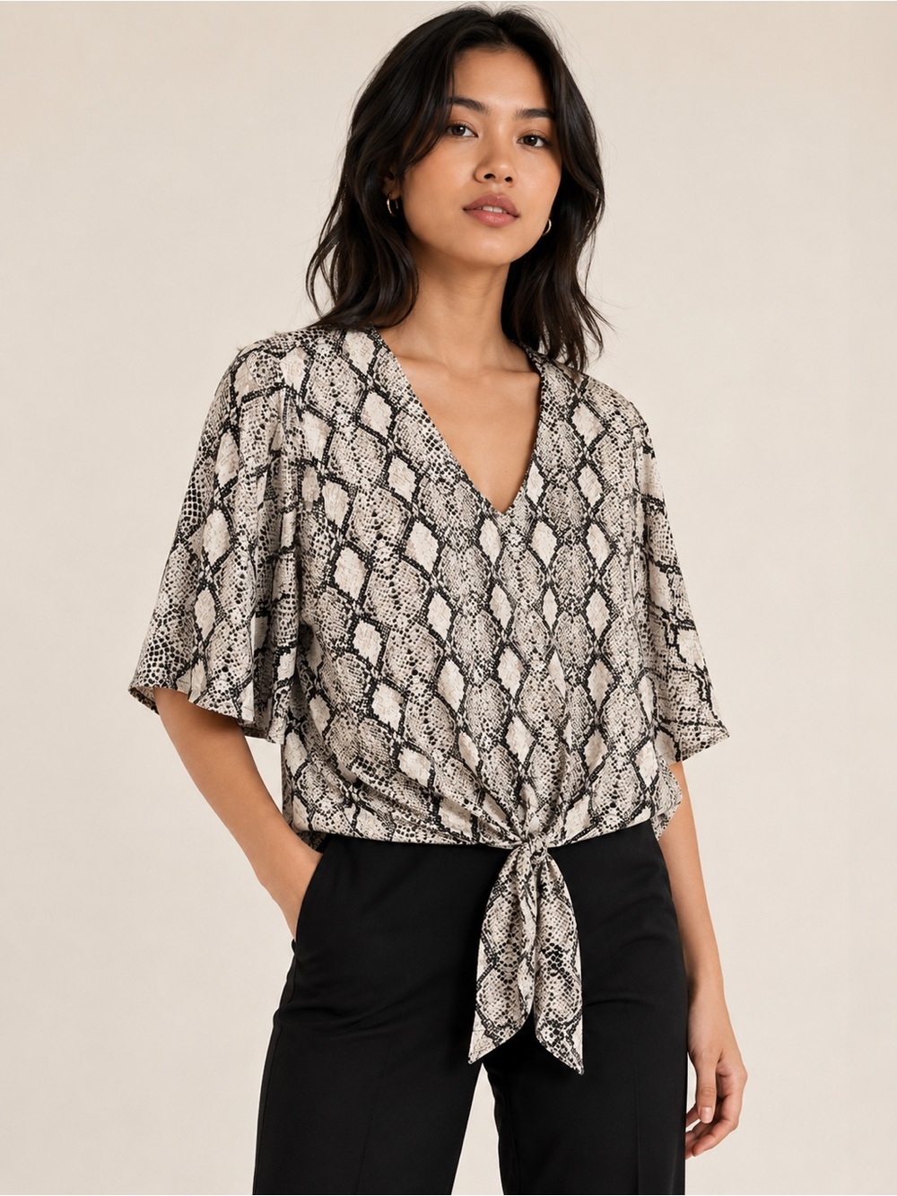 Everly satin snake print top, elbow length sleeve, relaxed fit, size M